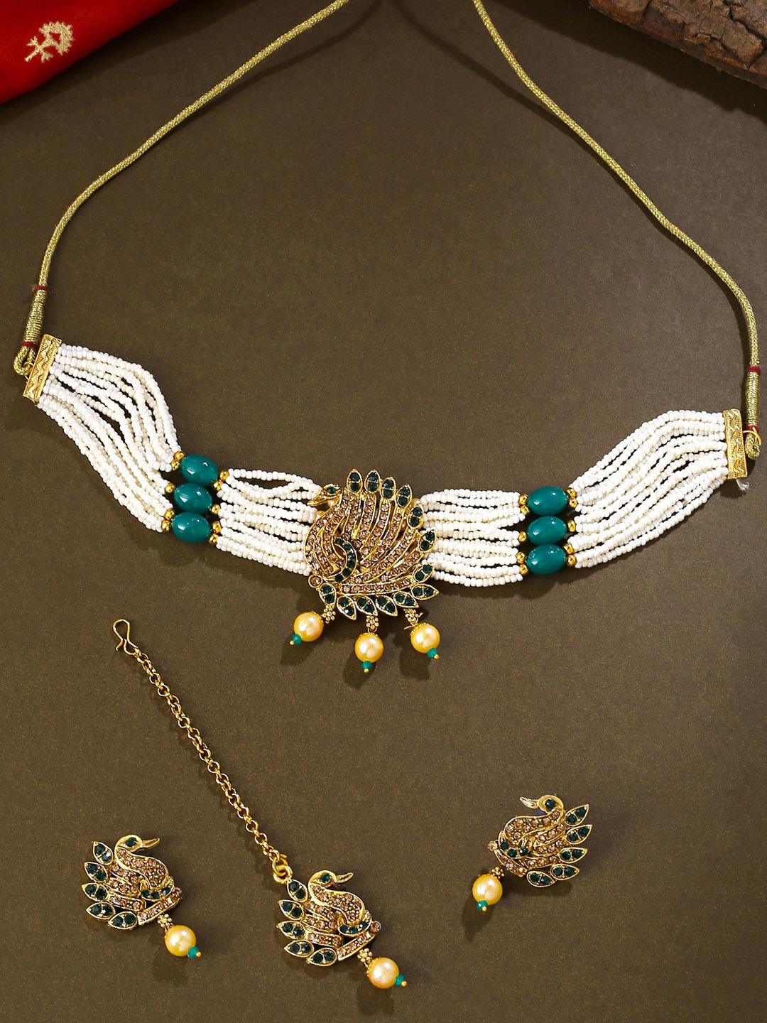 

Yellow Chimes Gold-Plated Stone-Studded & Pearl Beaded Choker Jewellery Set