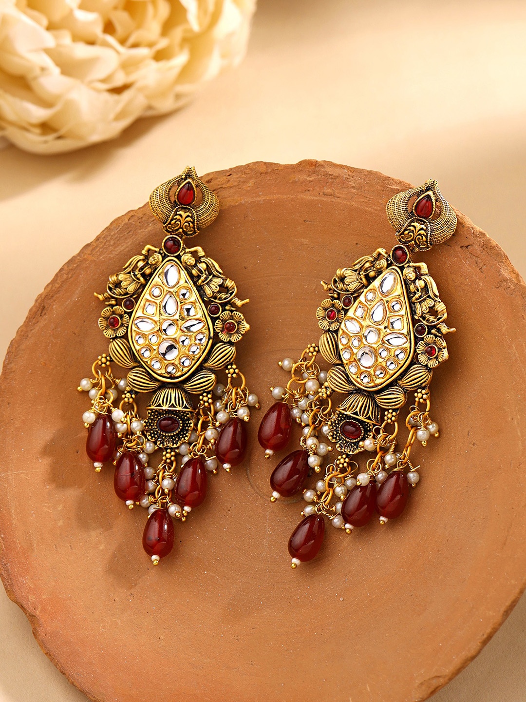 

Yellow Chimes Gold Plated Contemporary Stone Studded Drop Earrings, Red