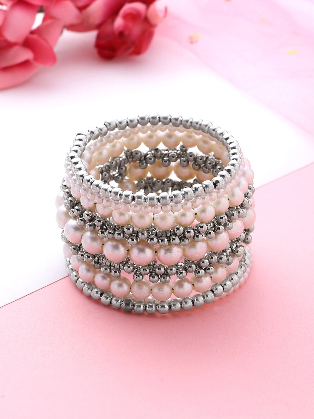 

Yellow Chimes Silver Plated Stone Studded Multistrand Bracelet, White