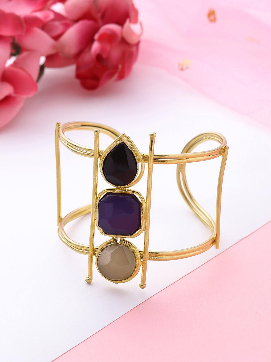 

Yellow Chimes Gold-Plated Stone Studded Cuff Bracelet, Purple