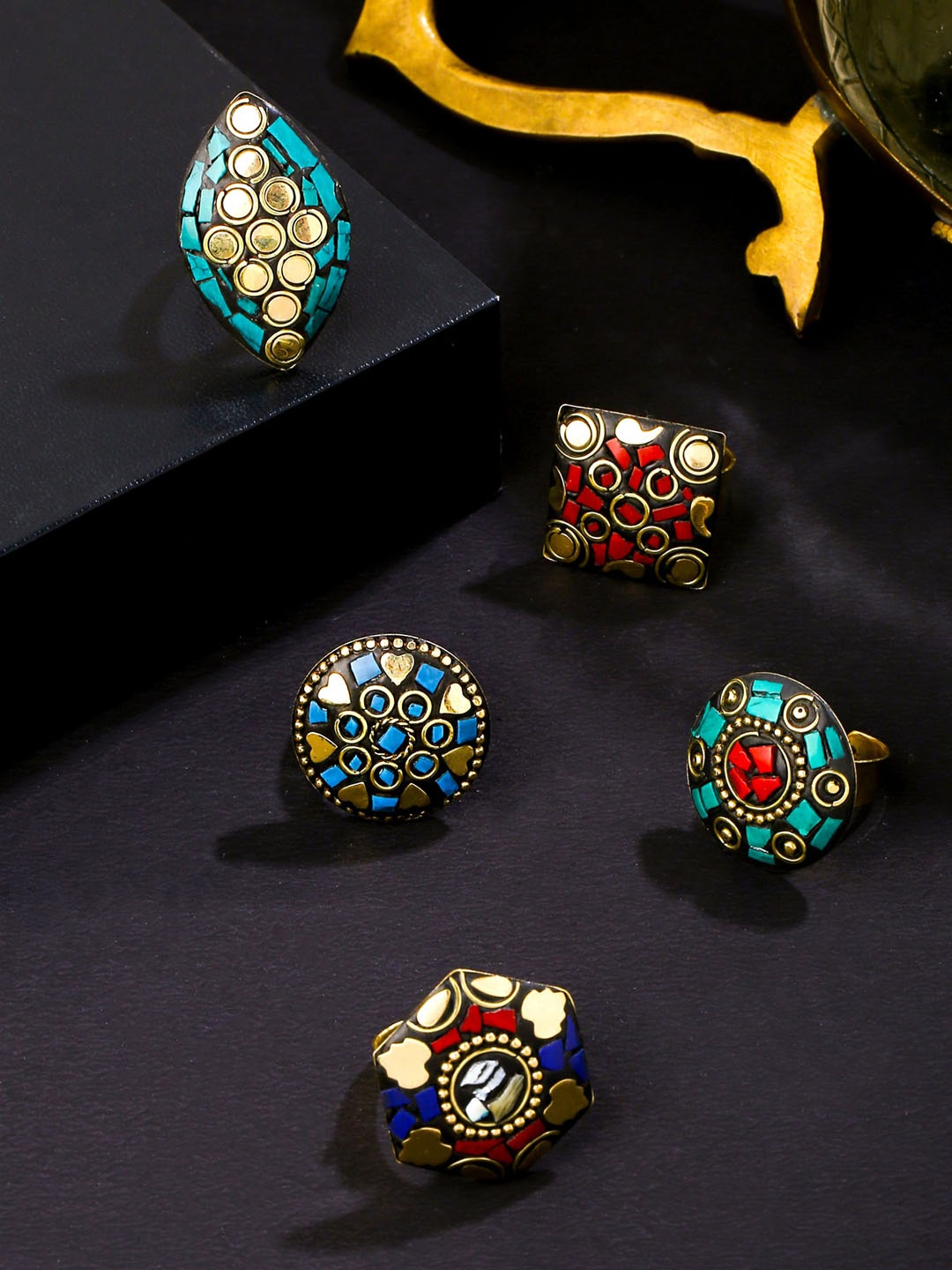 

Yellow Chimes Set Of 5 Gold-Plated Adjustable Bhomian Style Finger Rings, Blue