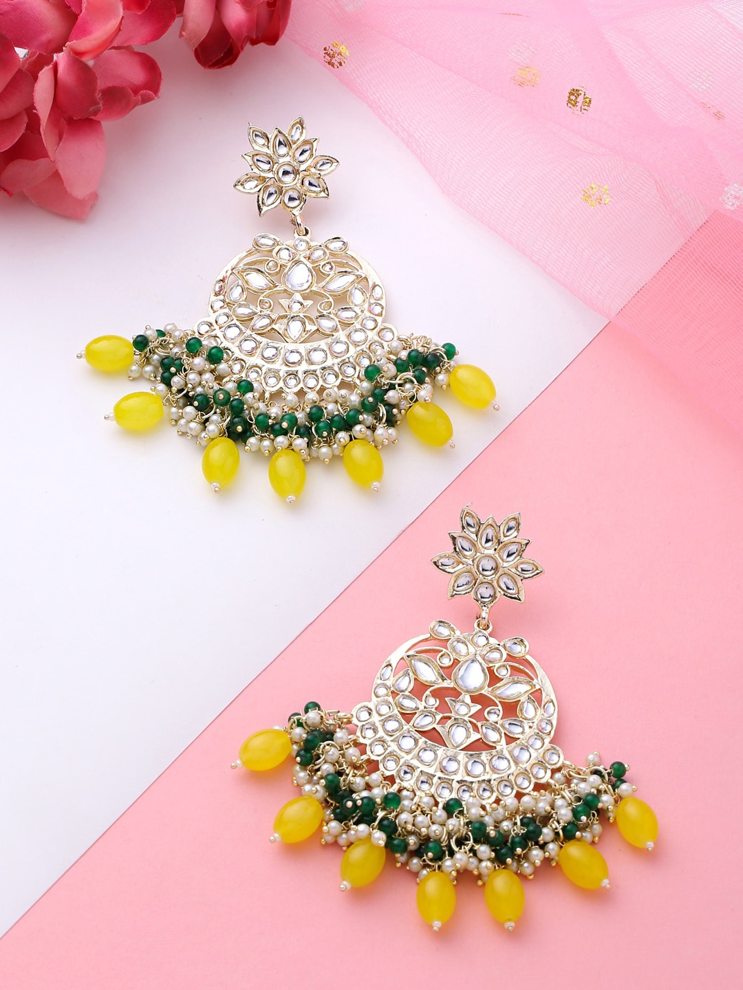 

Yellow Chimes Gold Plated Contemporary Kundan Studded Chandbalis Earrings