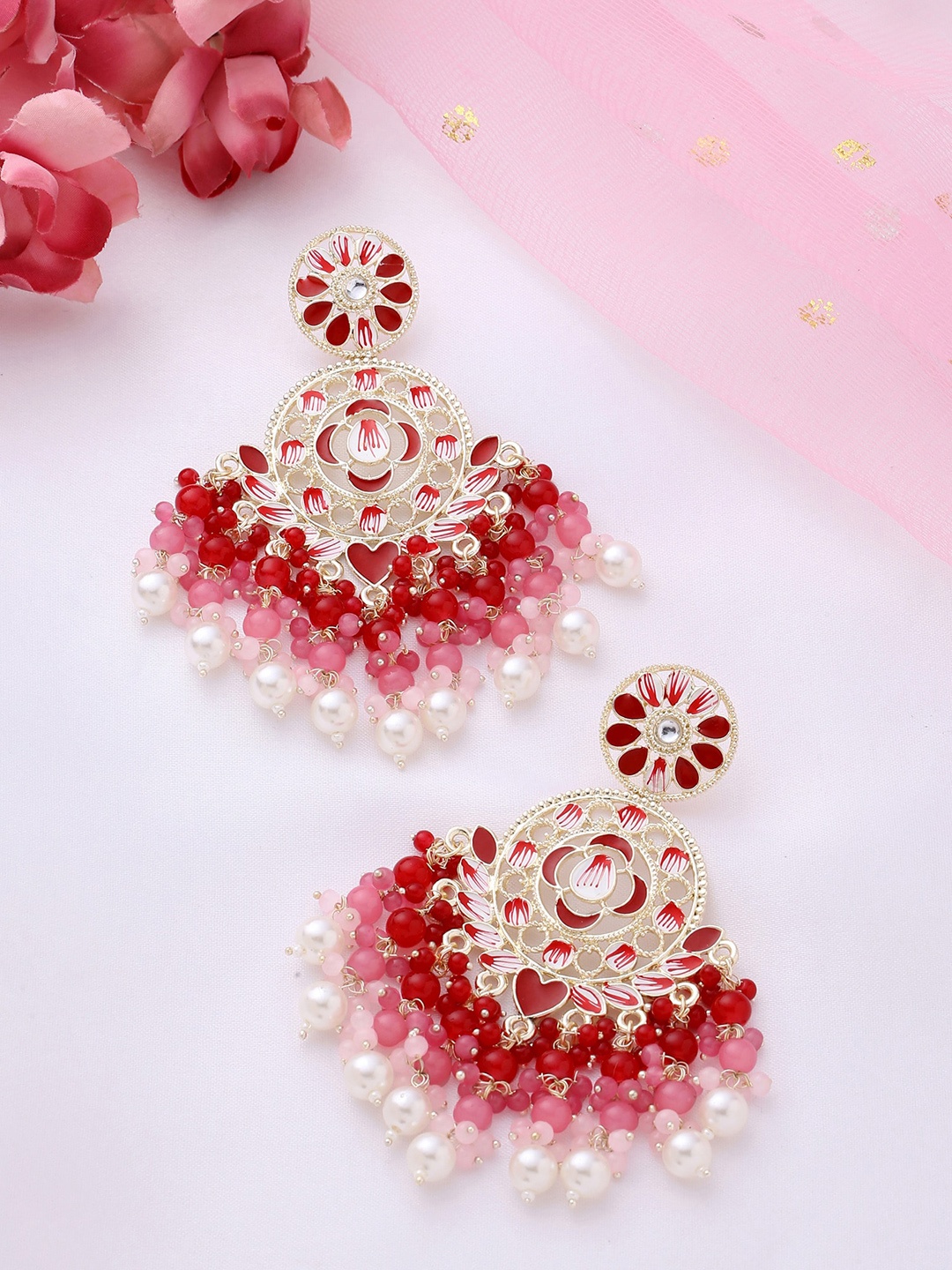 

Yellow Chimes Gold-Plated Kundan Studded Chandbalis Earrings, Red