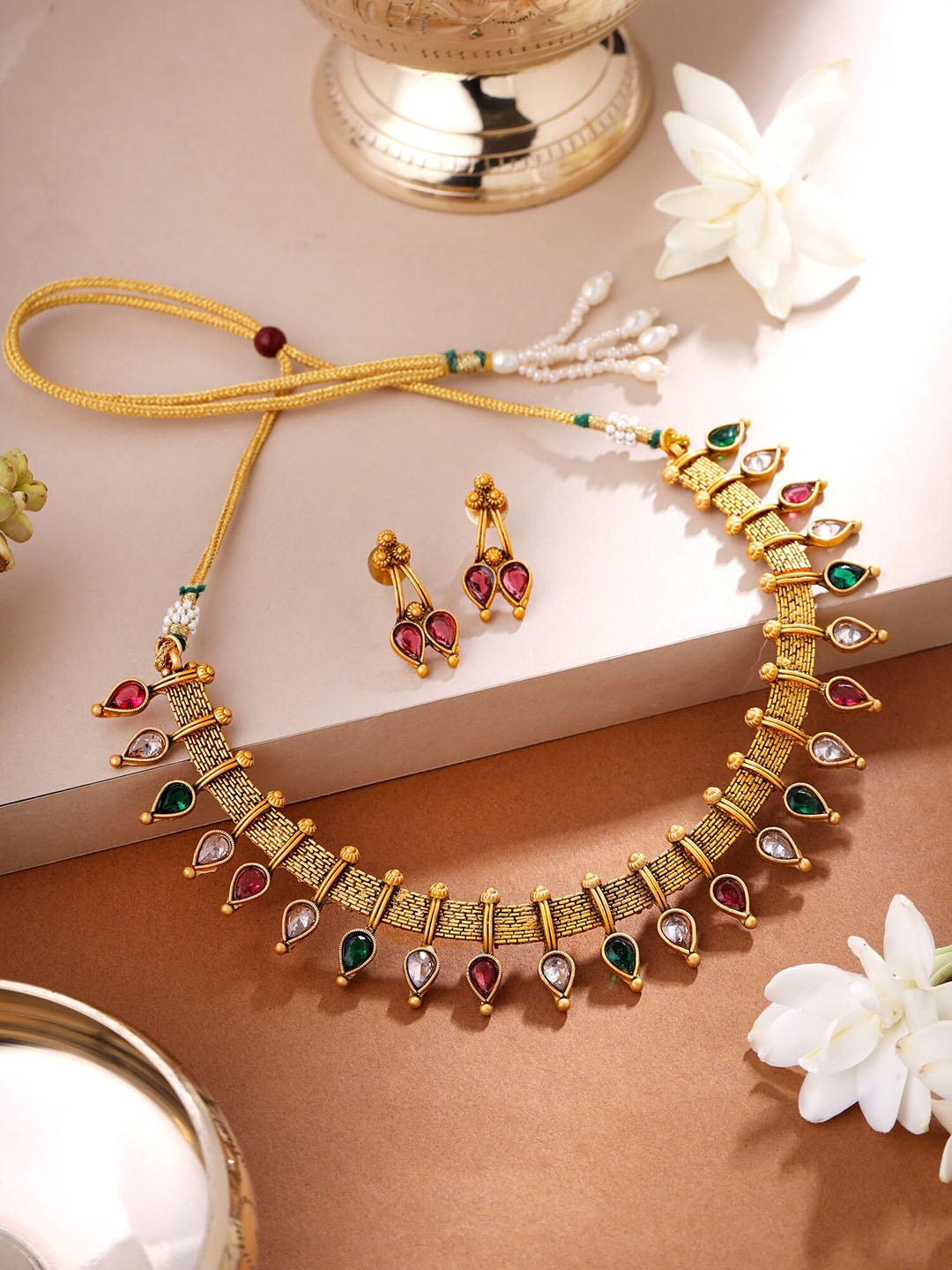 

Yellow Chimes Gold-Plated Crystal Studded Jewellery Set, Red