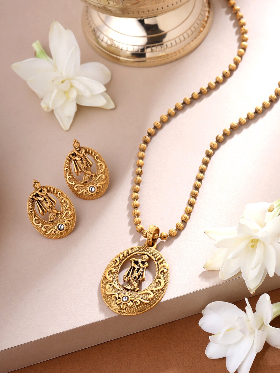 

Yellow Chimes Gold-Plated Stone-Studded Lord Krishna Designed Jewellery Set