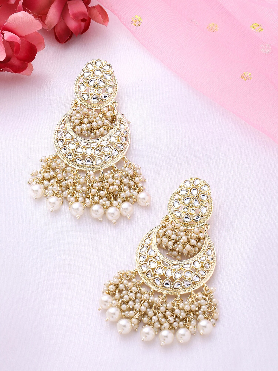 

Yellow Chimes Gold-Plated Kundan Studded Chandbalis, White