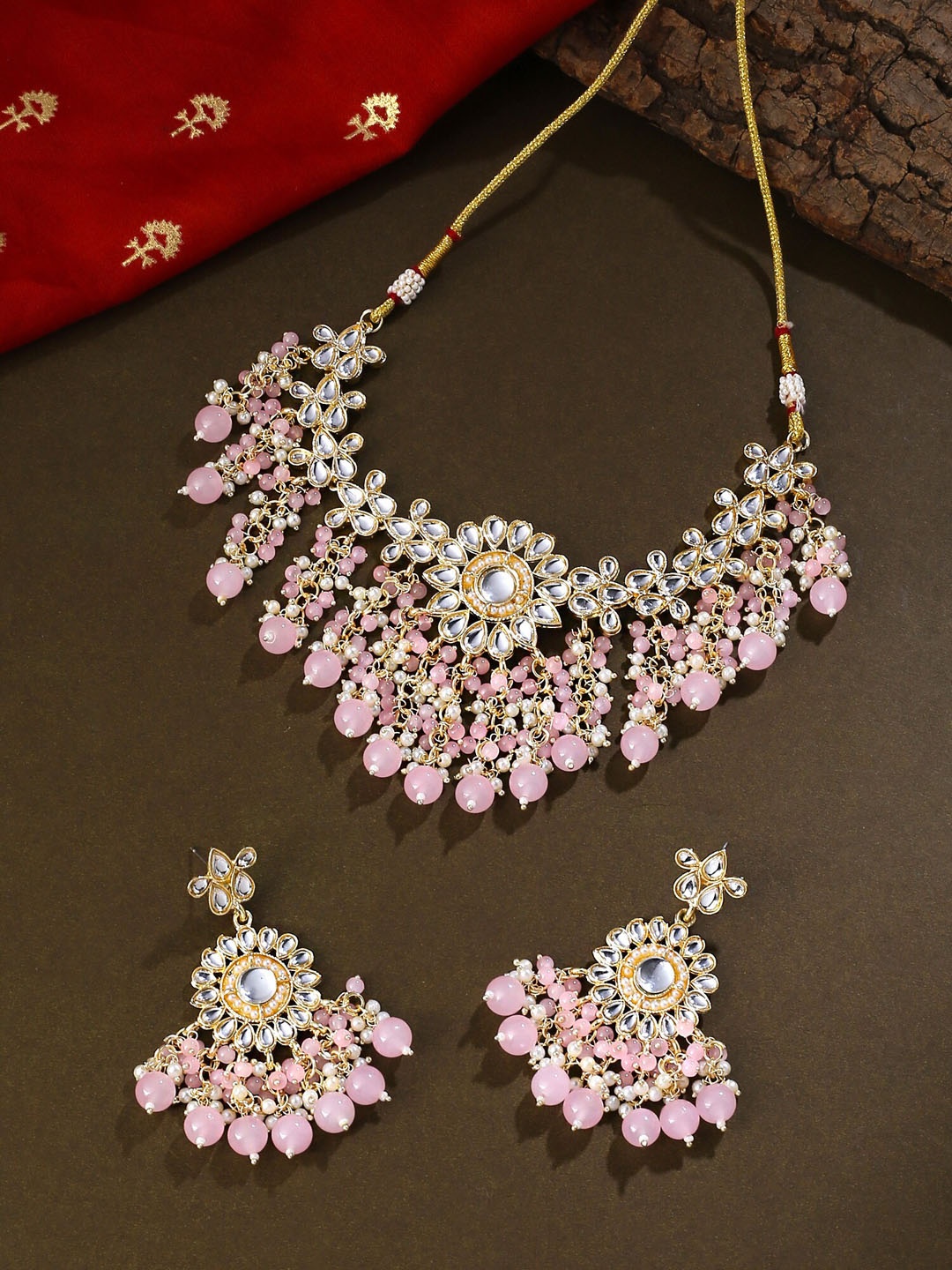 

Yellow Chimes Gold-Plated Kundan-Studded & Beaded Choker Jewellery Set, Pink