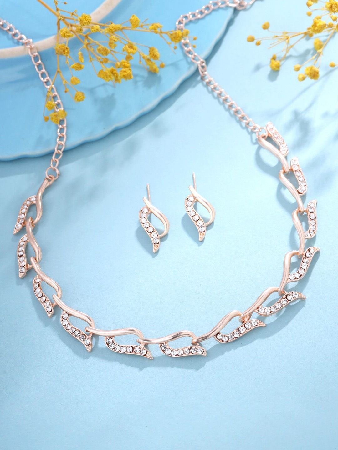 

Yellow Chimes Rose Gold-Plated Crystals Studded Jewellery Set, White