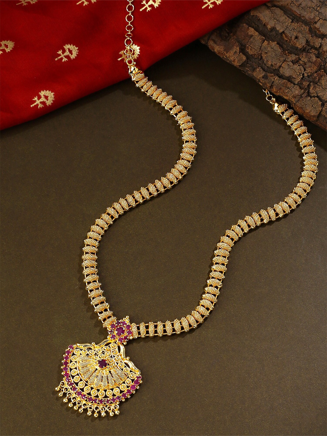 

Yellow Chimes Gold-Plated American Diamond Studded Long Chain, Pink