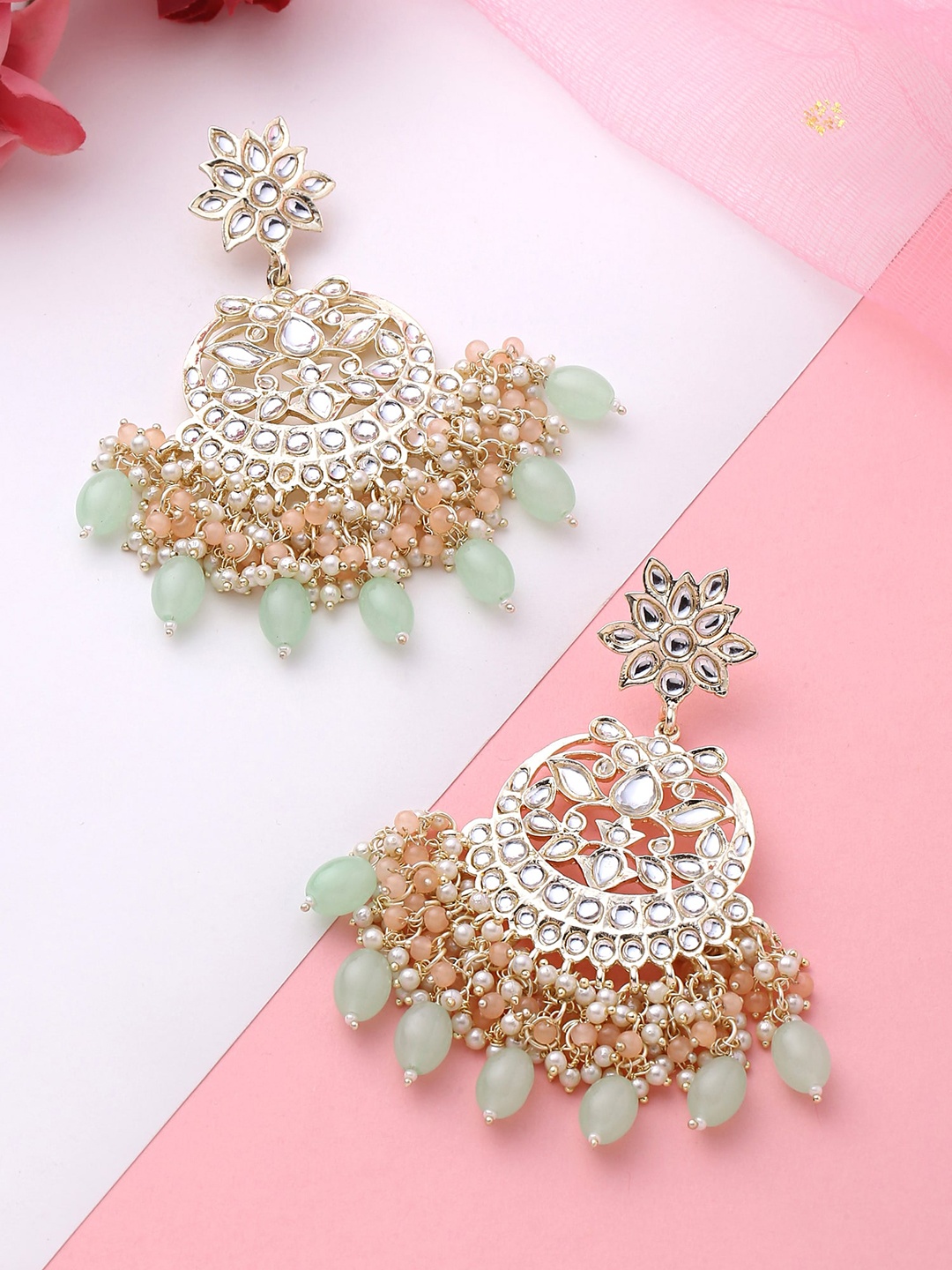 

Yellow Chimes Gold-Plated Kundan Studded Crescent Shaped Chandbalis, Green