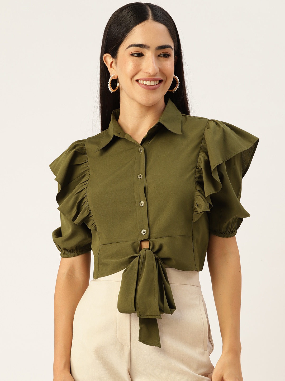 

Slenor Ruffles Crepe Shirt Style Crop Top, Olive