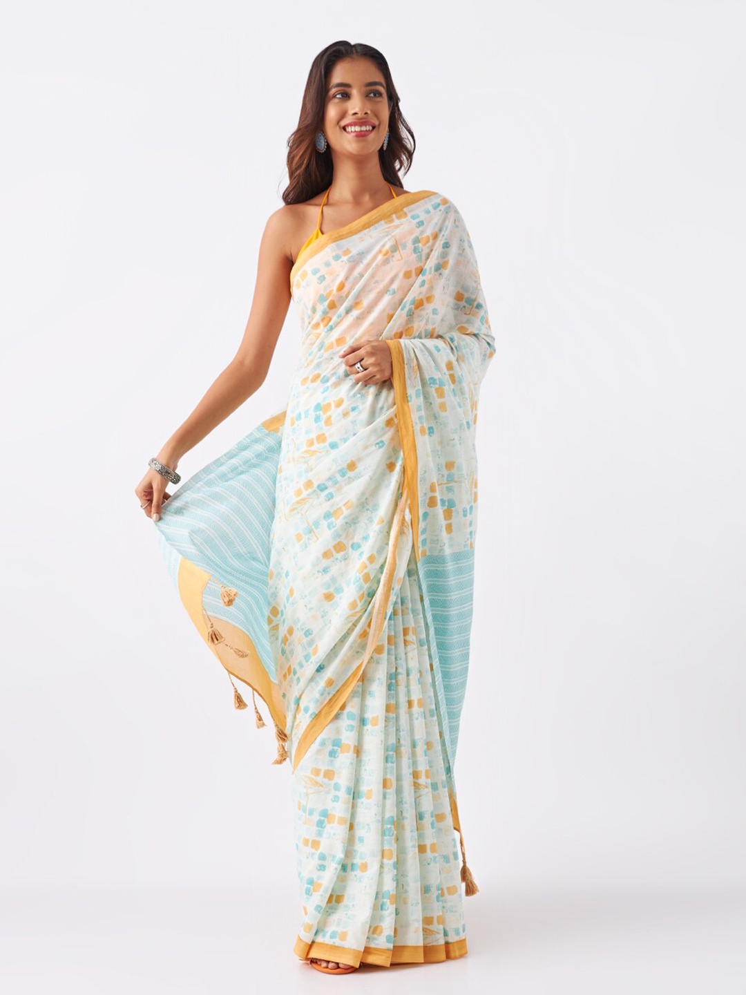 

Taneira Geometric Printed Pure Cotton Saree, Sea green