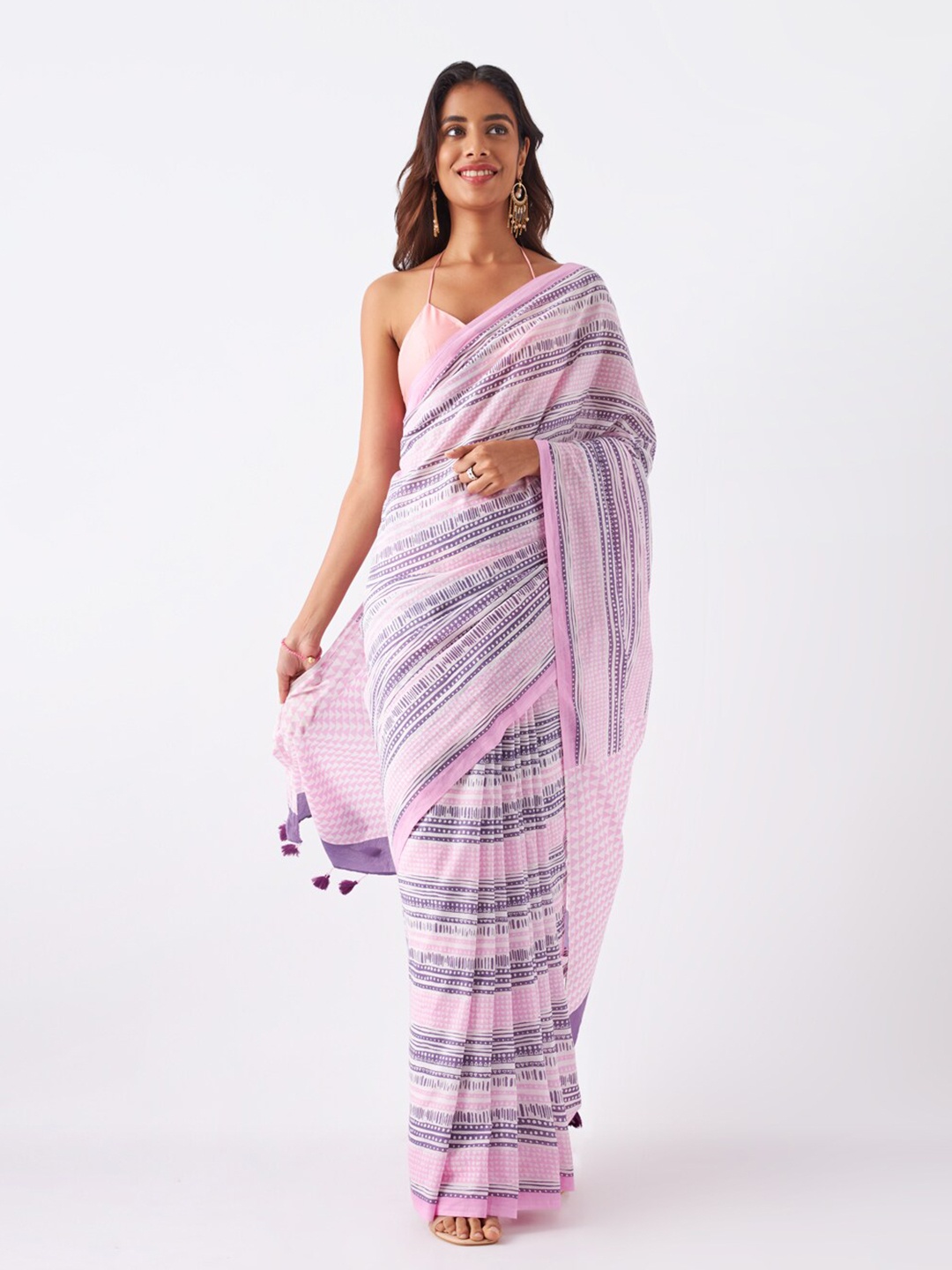 

Taneira Striped Pure Cotton Saree, Pink