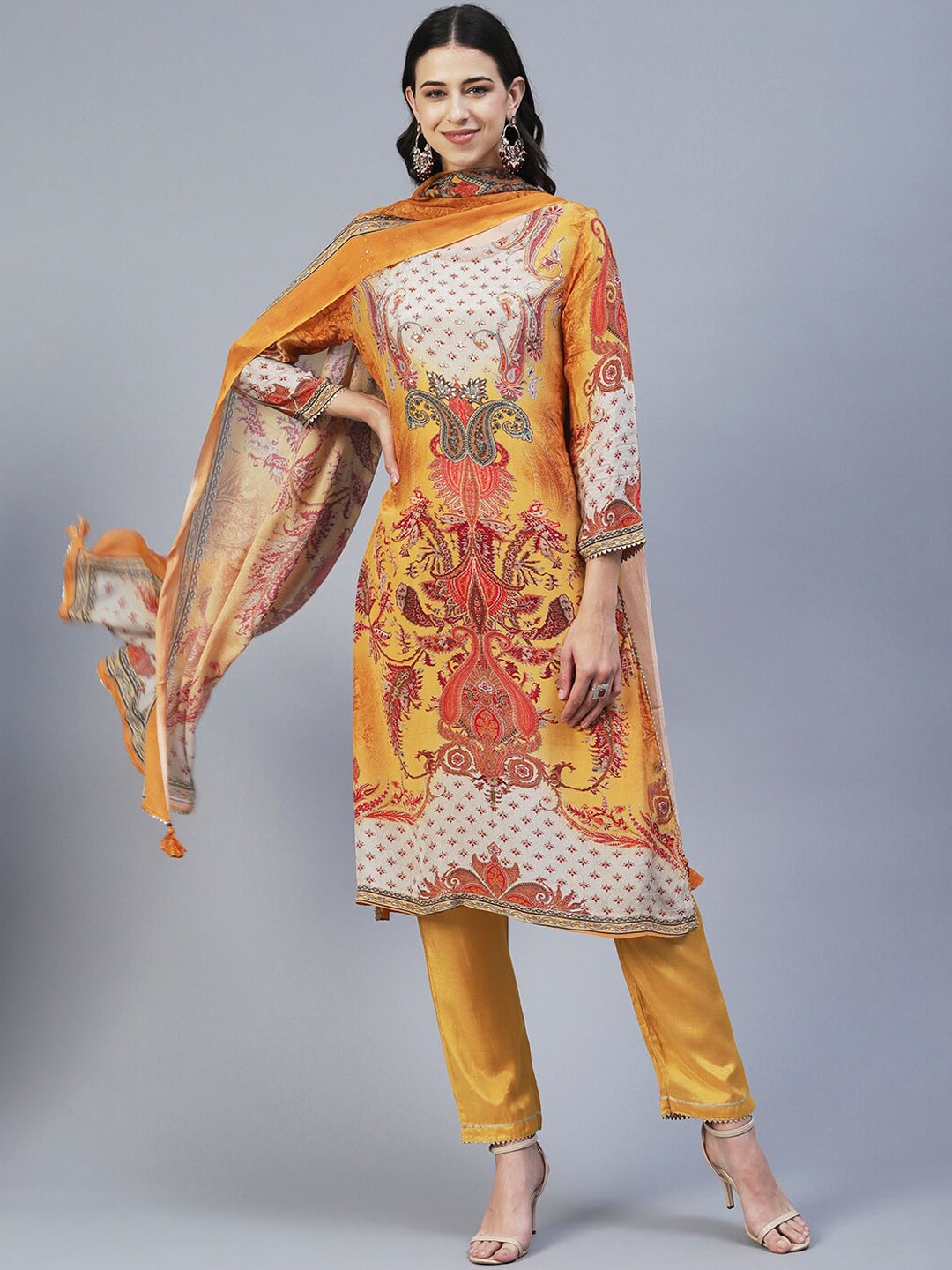 

Envy Me by FASHOR Ethnic Motifs Printed Bead Work Kurta with Trousers & Dupatta, Mustard