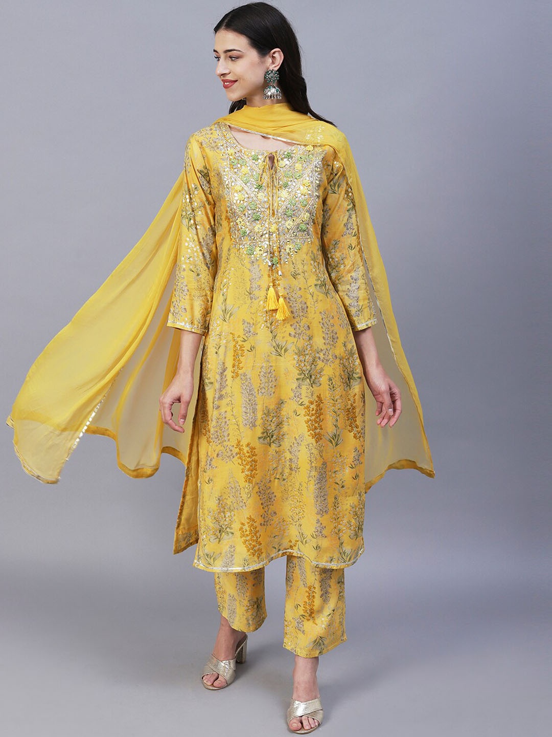 

Envy Me by FASHOR Floral Printed Beads &Stones Kurta With Trousers & Dupatta, Yellow
