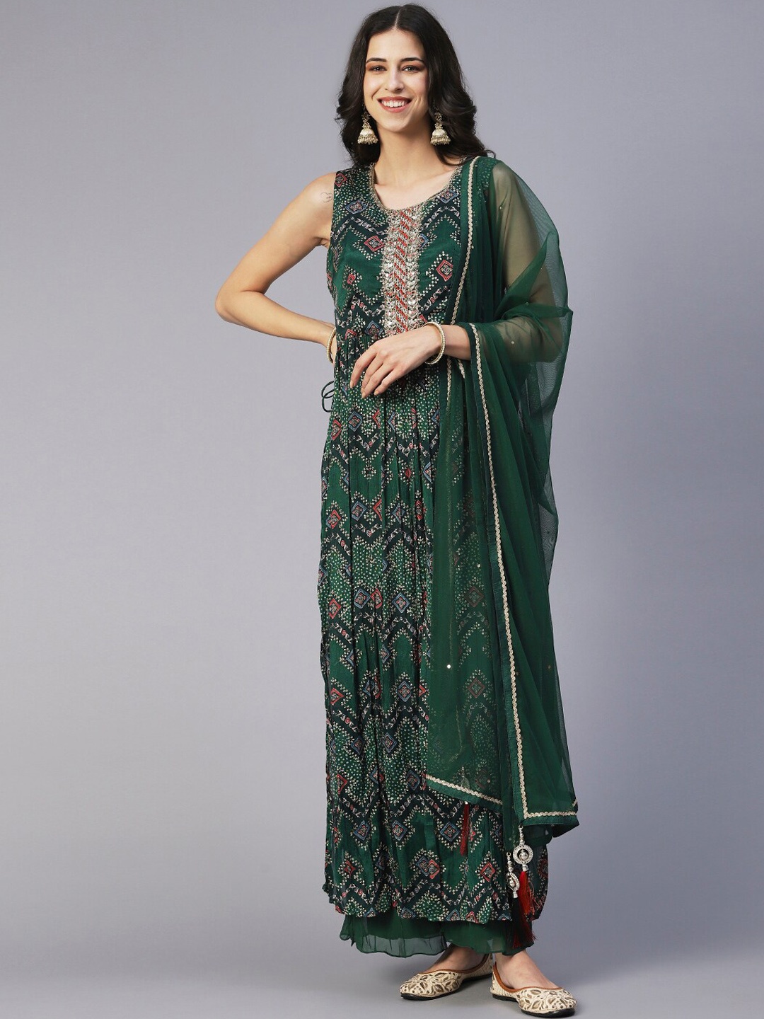 

Envy Me by FASHOR Bandhani Printed Pleated Kurta With Palazzos & Dupatta, Green