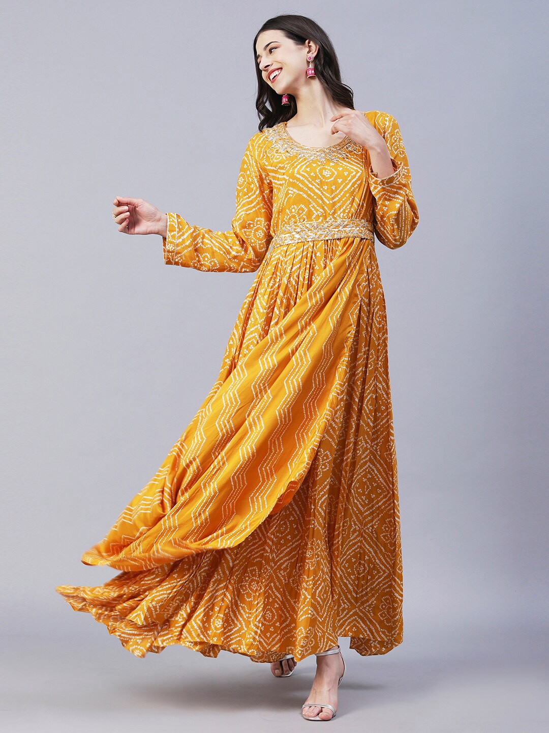 

Envy Me by FASHOR Bandhani Embroidered Belted Drape Maxi Dress, Mustard