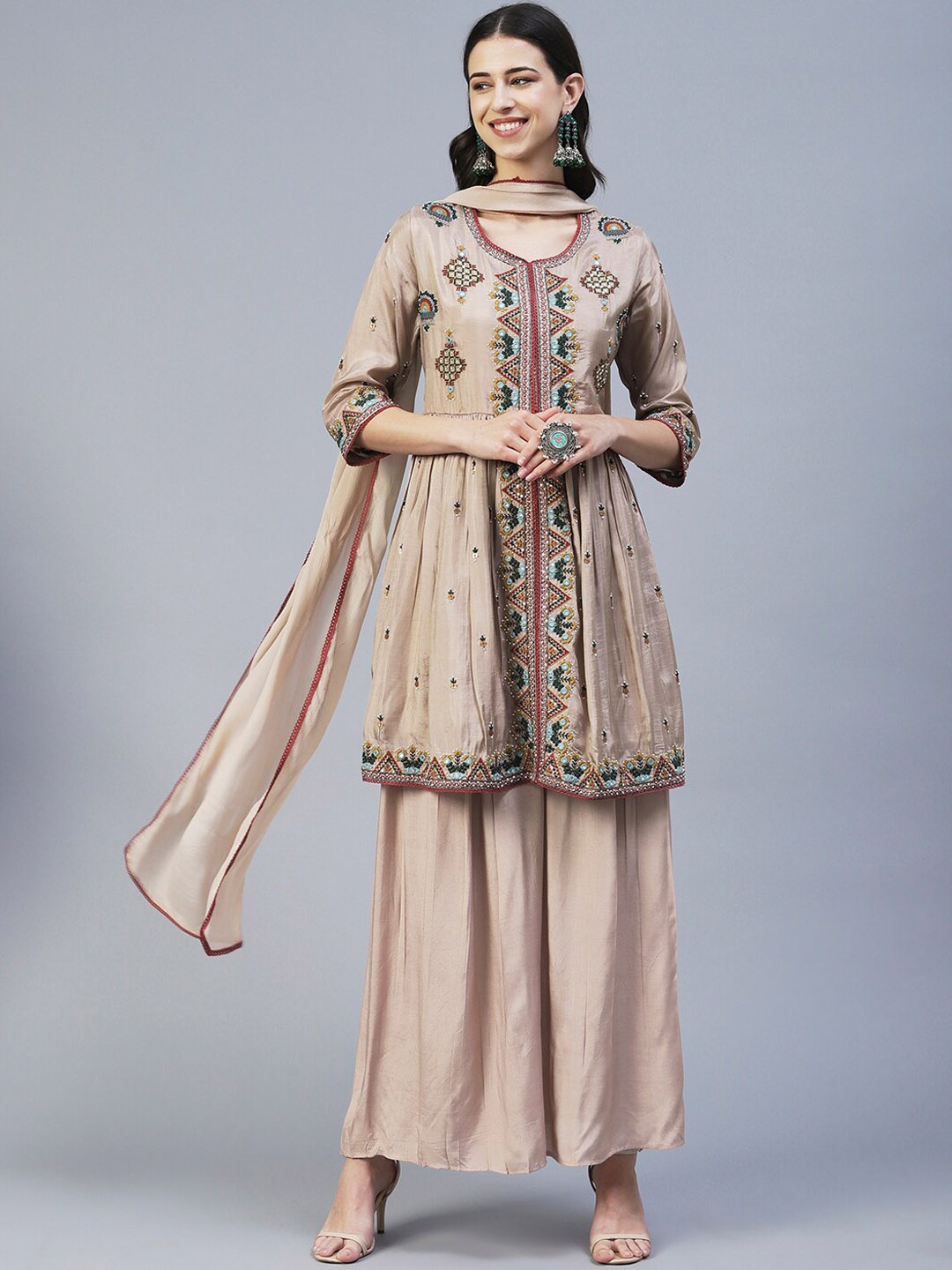

Envy Me by FASHOR Ethnic Motifs Embroidered Pleated Kurta With Palazzos & Dupatta, Taupe