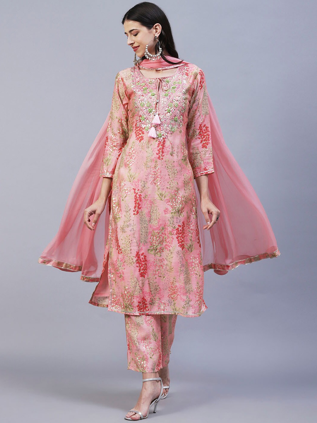 

Envy Me by FASHOR Floral Printed Thread Work Kurta With Trousers & Dupatta, Pink