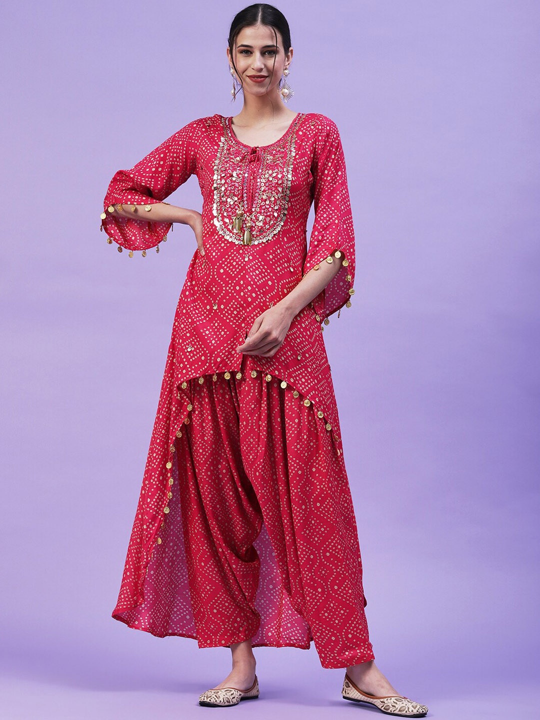 

Envy Me by FASHOR Bandhani Printed Beads & Stones Kurta With Salwar, Pink