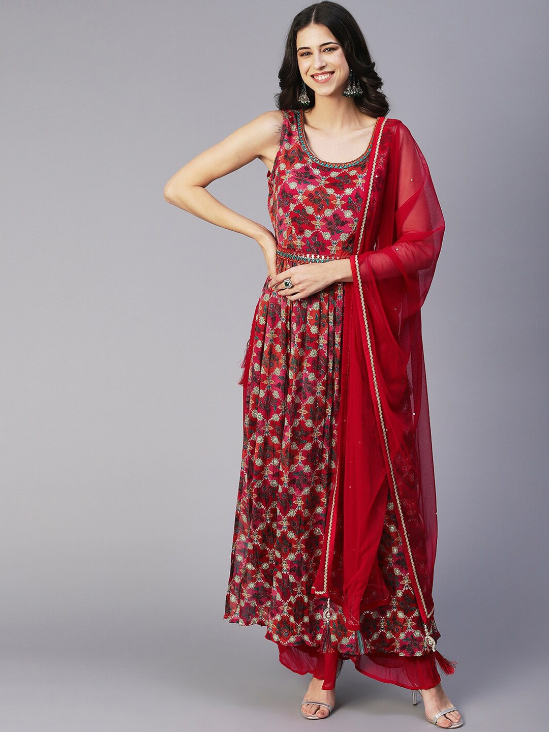 

Envy Me by FASHOR Floral Printed Pleated Kurta With Palazzos & Dupatta, Red