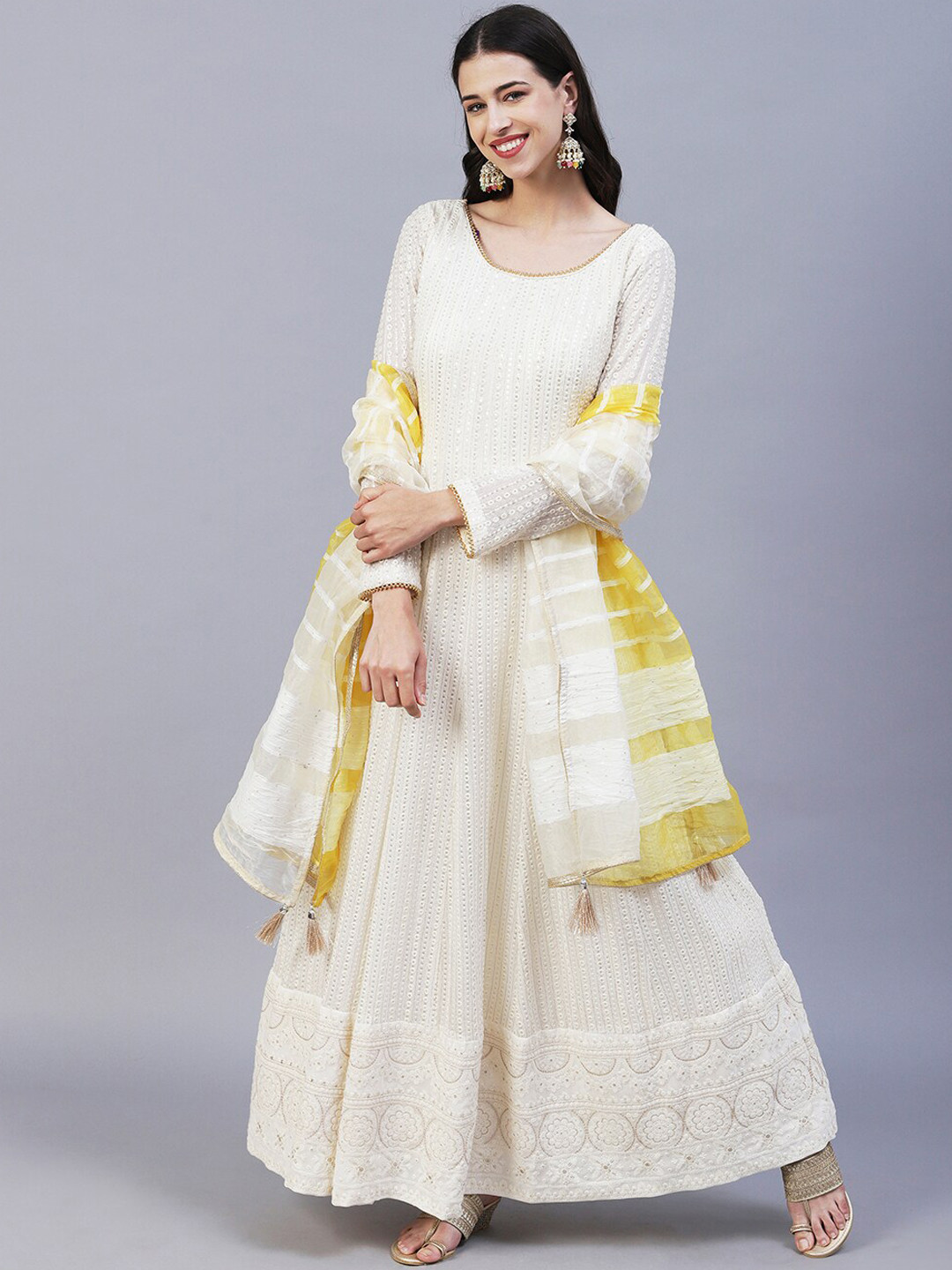 

Envy Me by FASHOR Ethnic Motifs Embroidered Mirror Work Kurta With Trousers & Dupatta, Off white