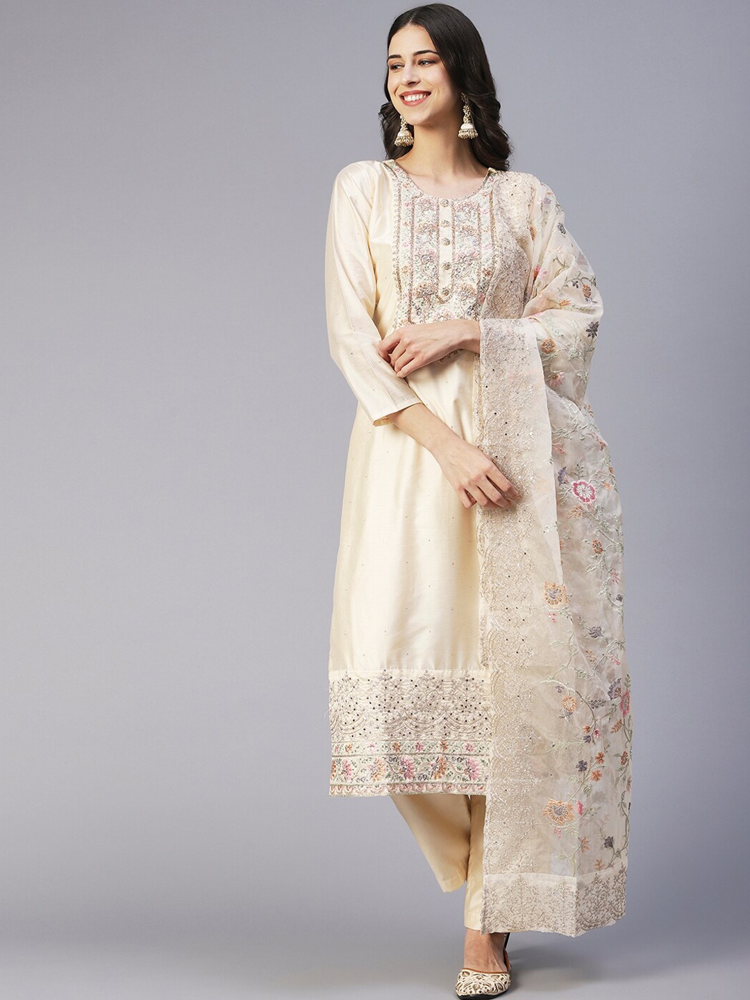 

Envy Me by FASHOR Ethnic Motifs Embroidered Sequinned Kurta With Trousers & With, Cream