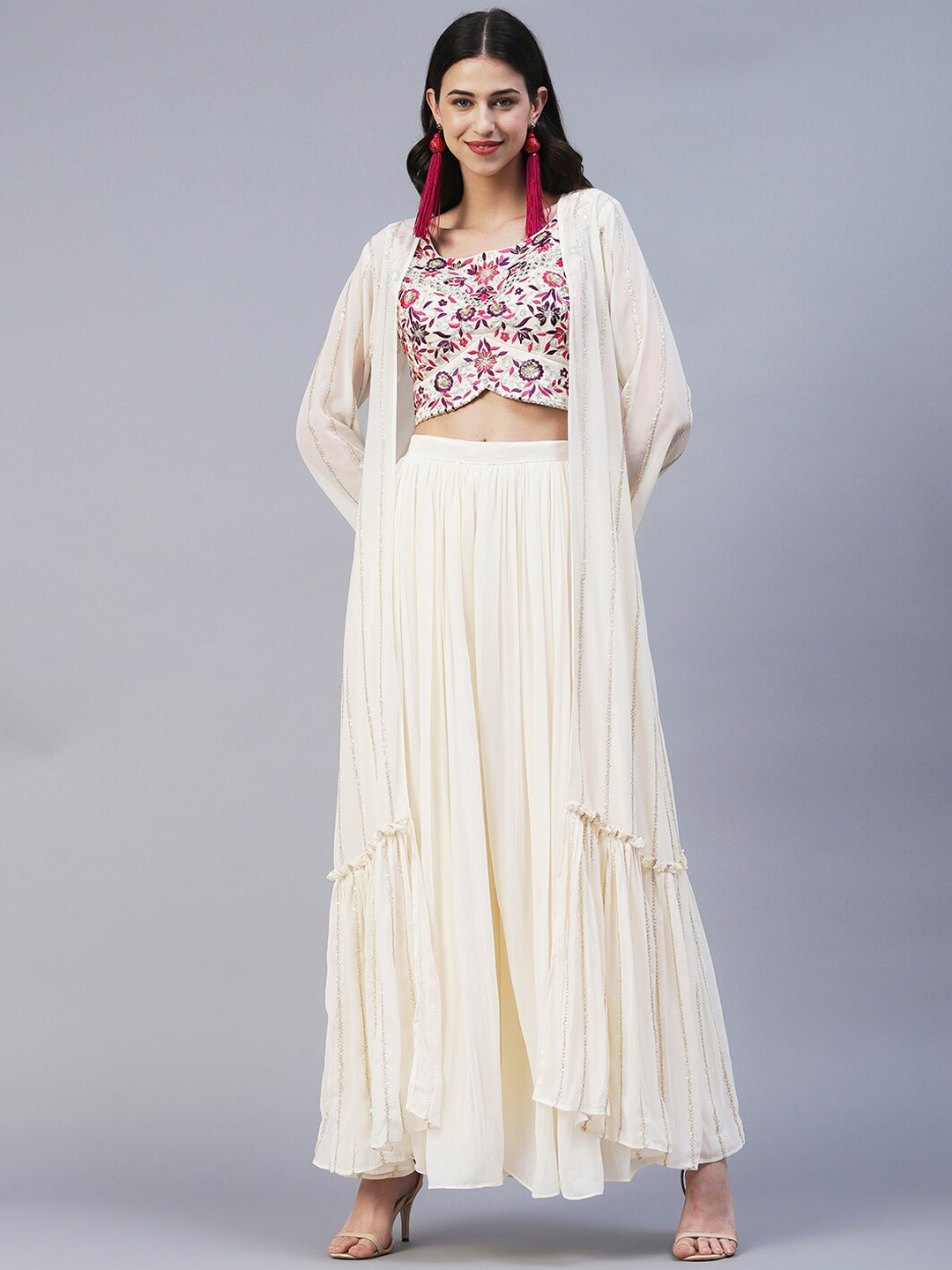 

Envy Me by FASHOR Embroidered Thread Work Dupion Silk Top With Palazzos & Long Jacket, White