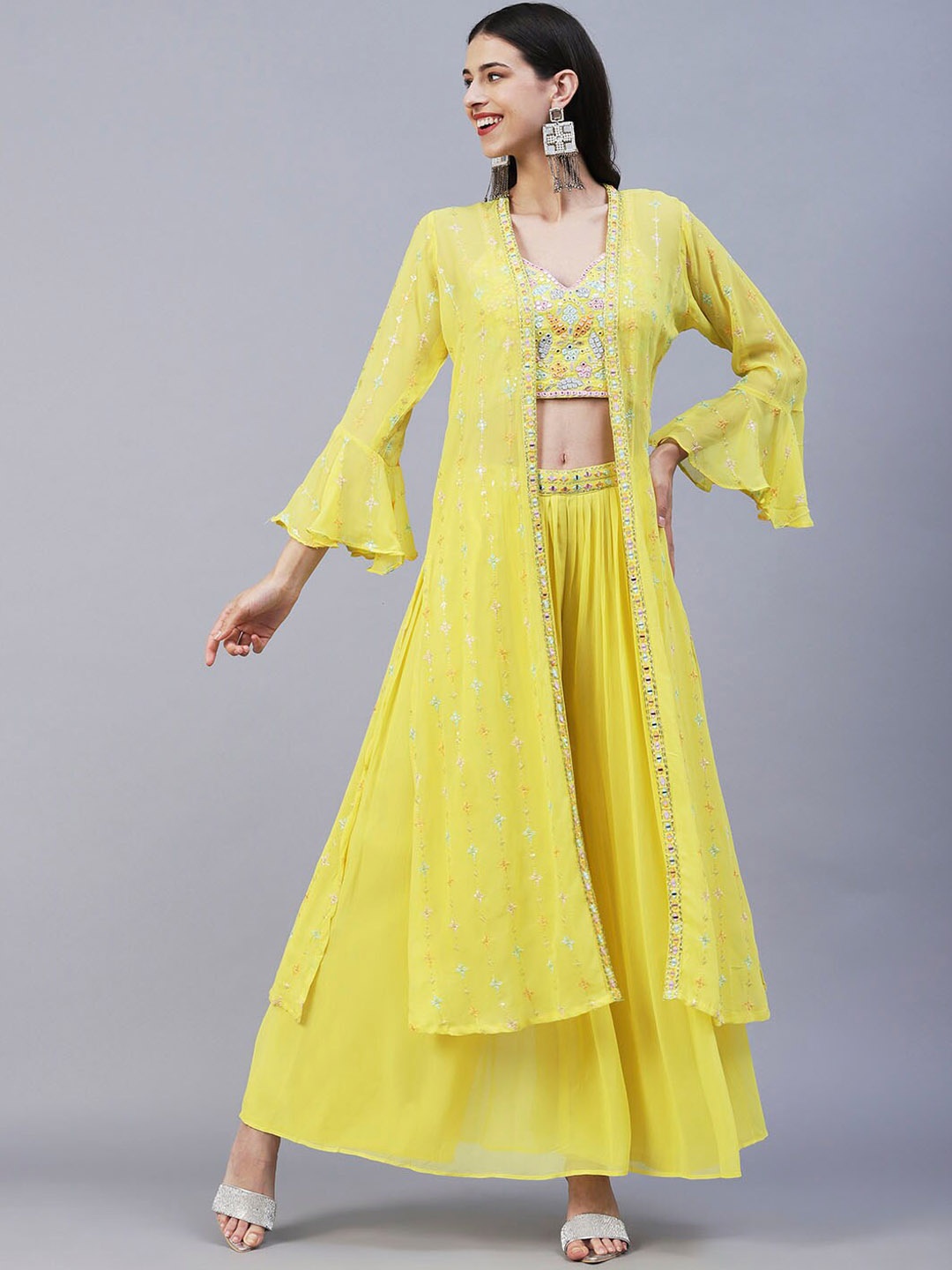 

Envy Me by FASHOR Embroidered Mirror Work Dupion Silk Top With Palazzos With Jacket, Yellow