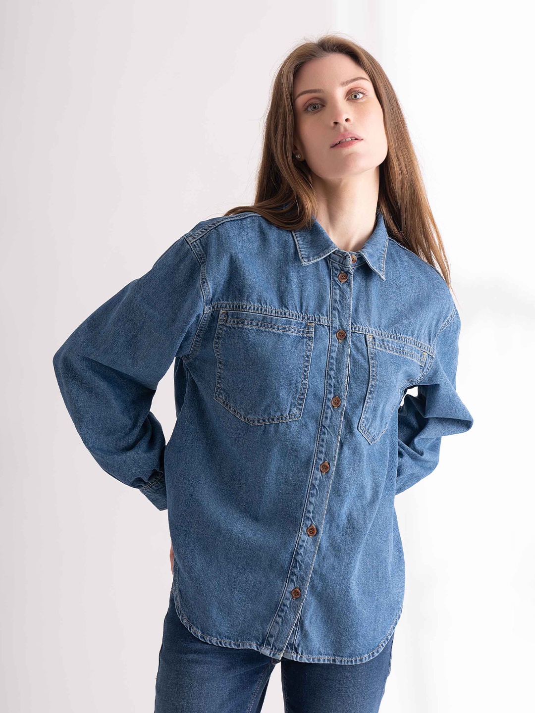 

B.Copenhagen Women Comfort Pure Cotton Denim Casual Shirt, Blue