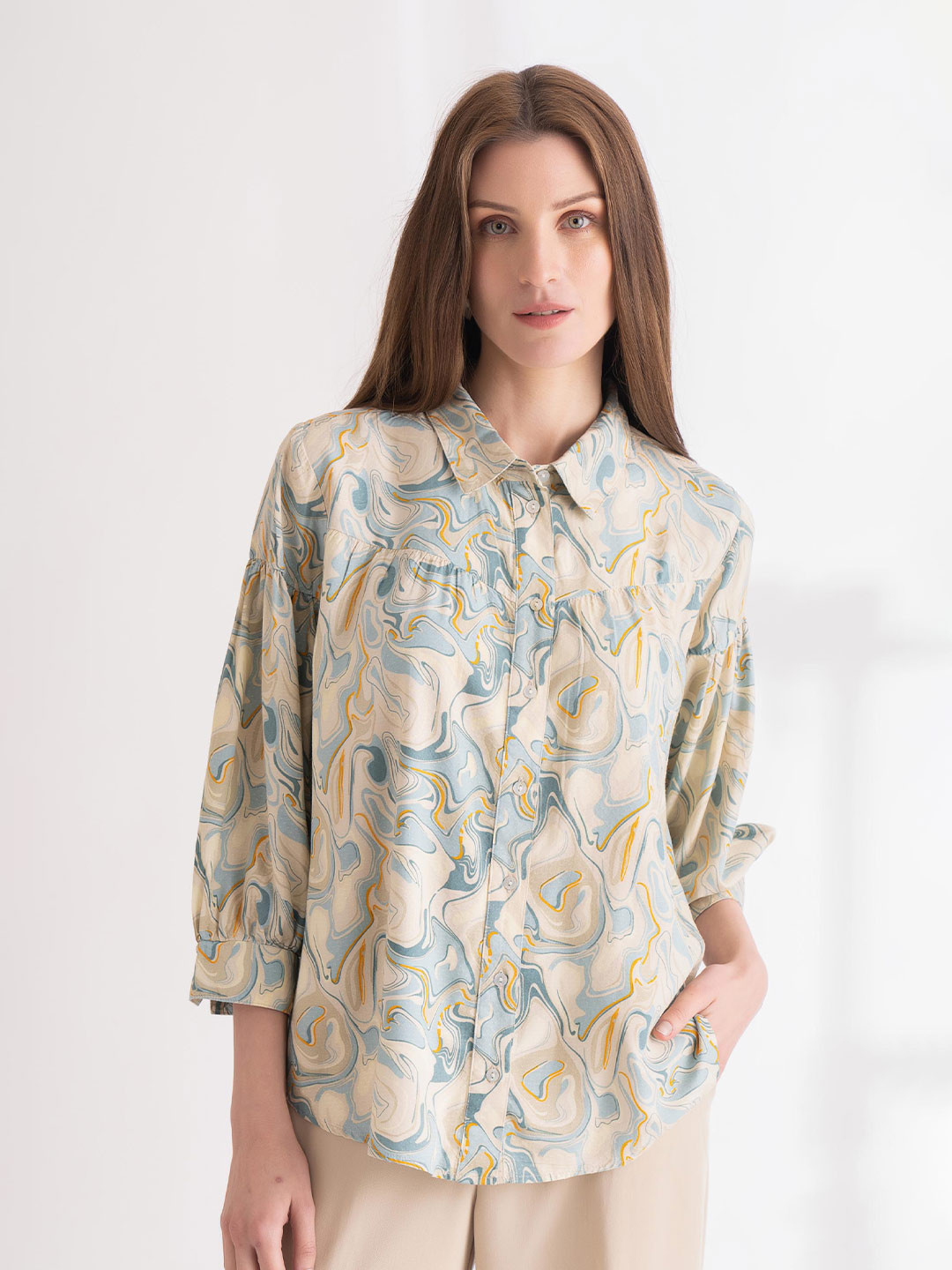 

B.Copenhagen Comfort Boxy Printed Casual Shirt, Beige