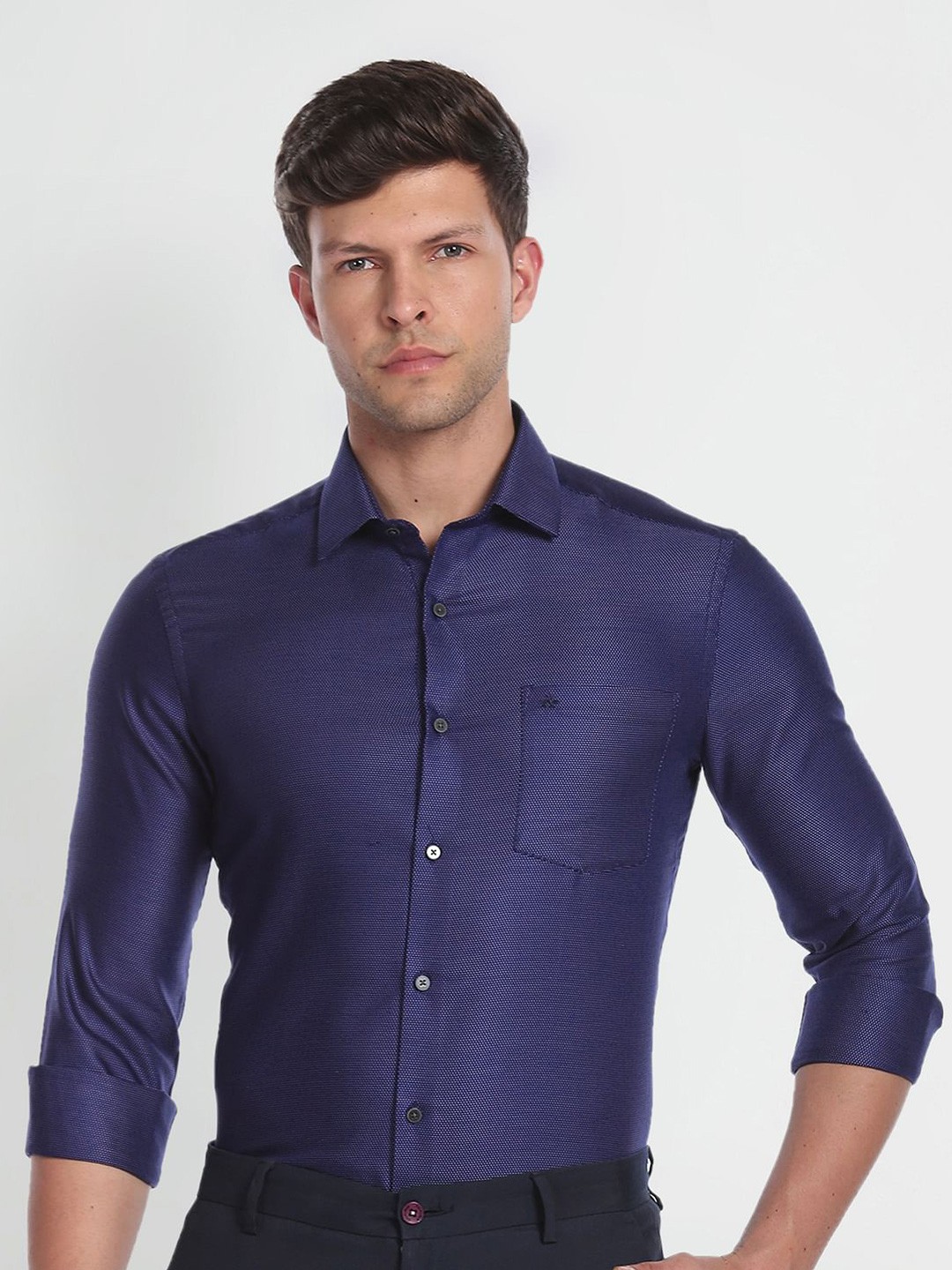 

Arrow Patch Pocket Slim Fit Dobby Woven Design Formal Cotton Shirt, Blue