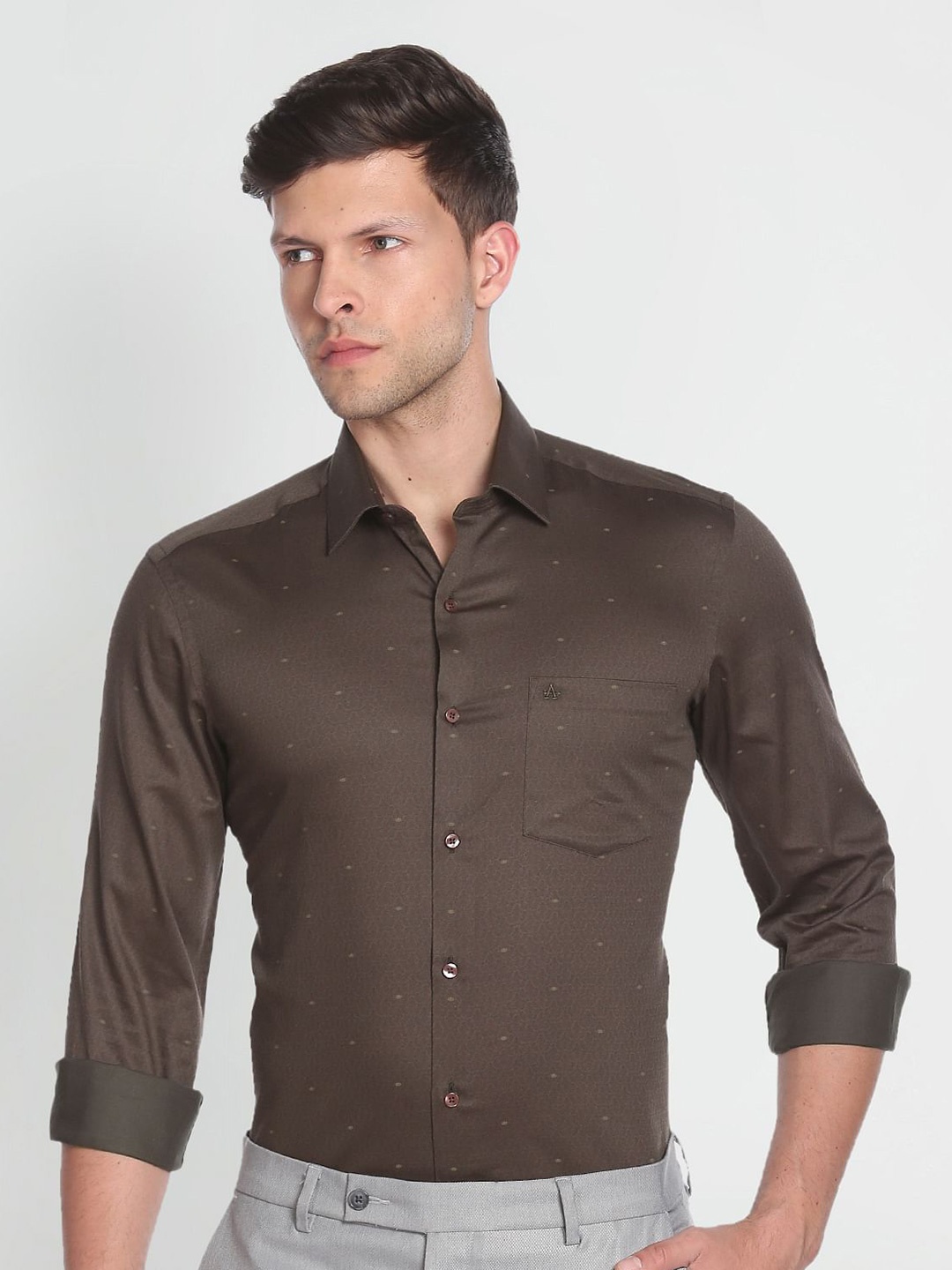 

Arrow Slim Fit Ethnic Motifs Printed Twill Pure Cotton Formal Shirt, Brown