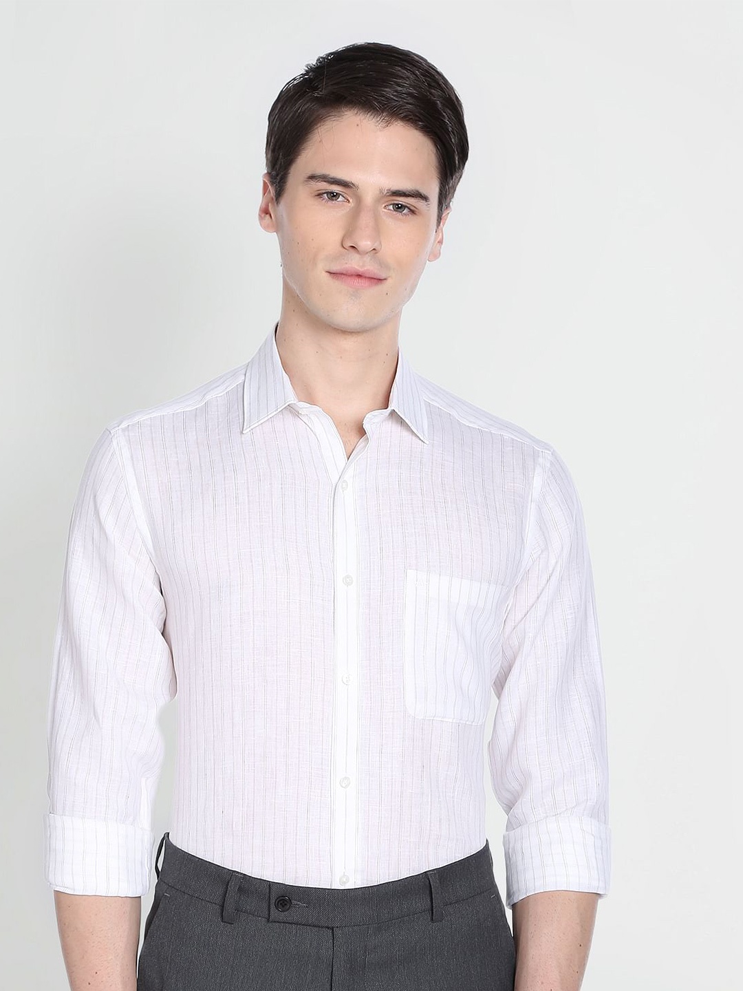 

Arrow Spread Collar Striped Linen Formal Shirt, White