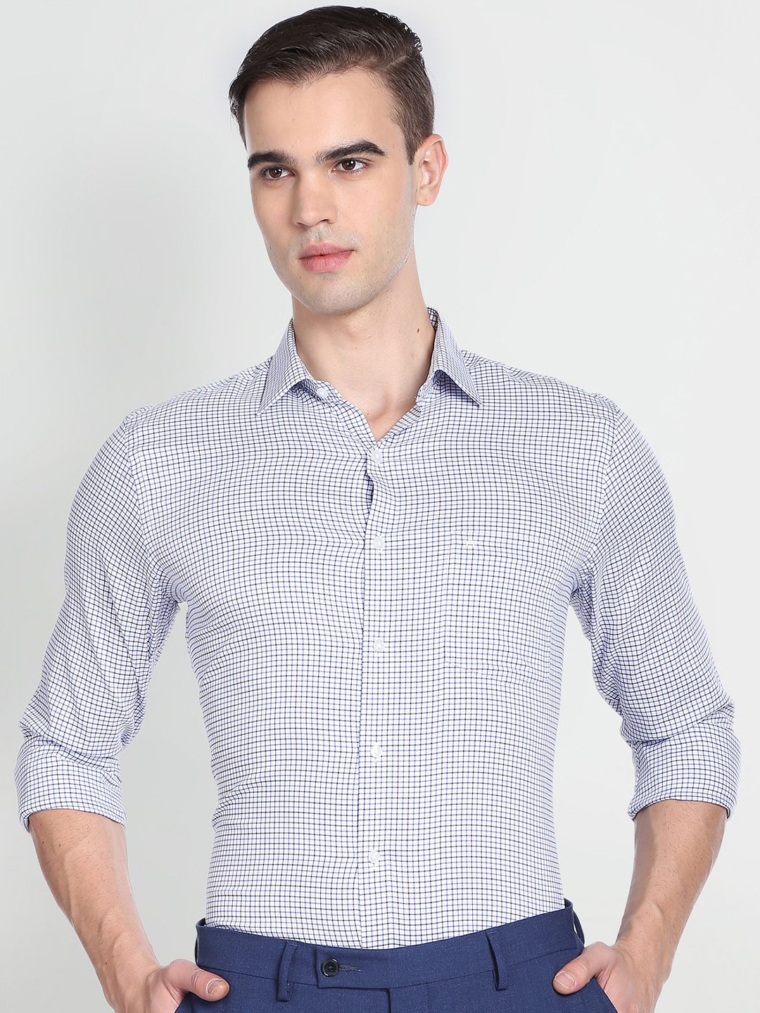 

Arrow Spread Collar Slim Fit Micro Check Printed Twill Cotton Formal Shirt, Blue