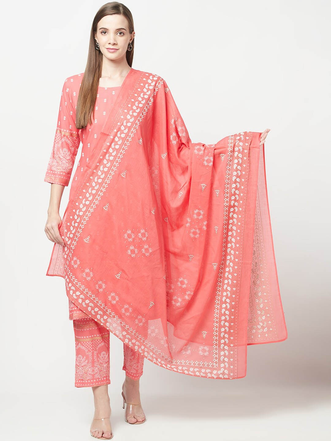 

KALINI Ethnic Motifs Printed Straight Kurta with Trousers & Dupatta, Coral