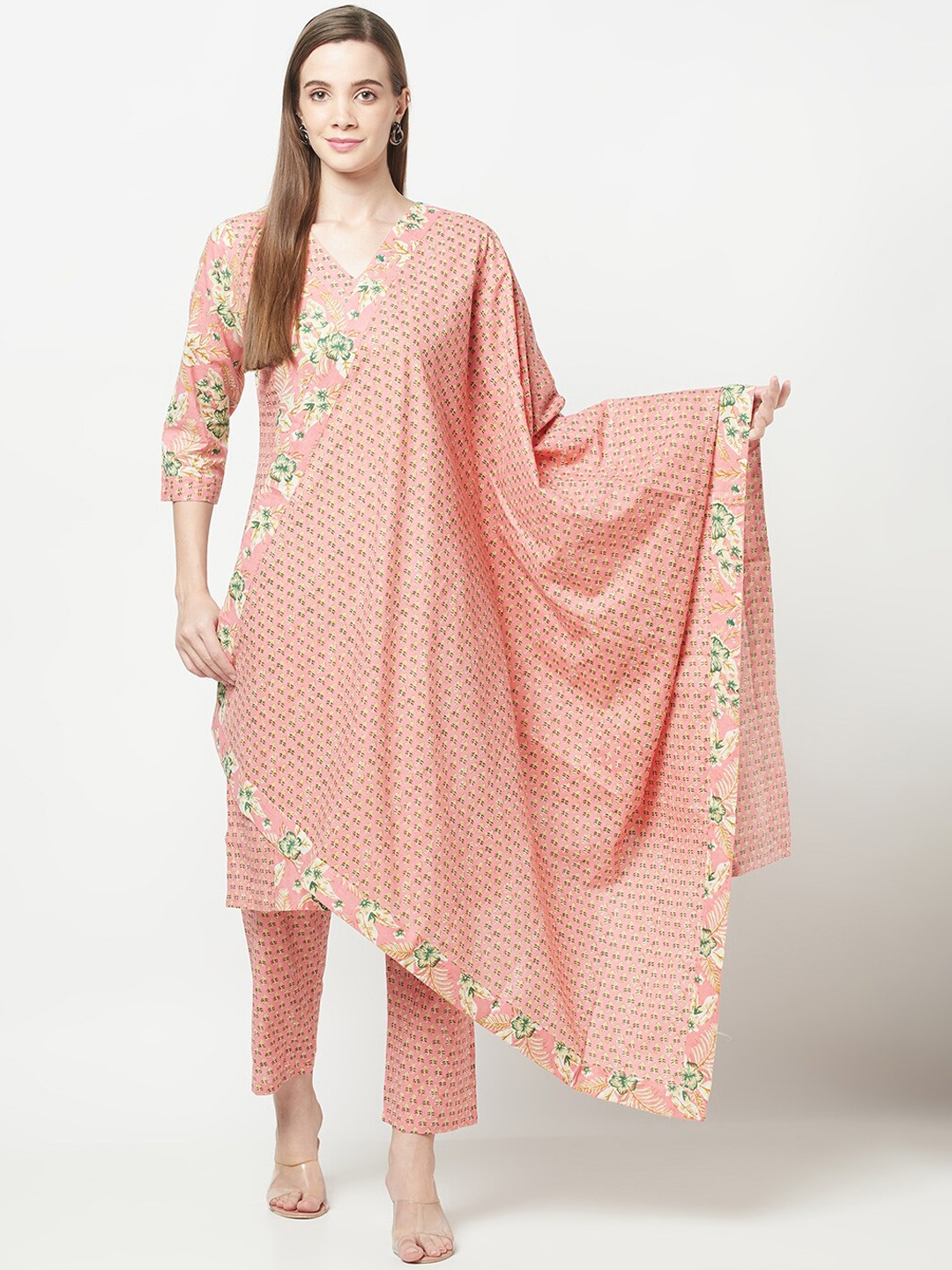 

ERISHA V-Neck Floral Printed Pure Cotton Kurta with Trousers & Dupatta, Peach