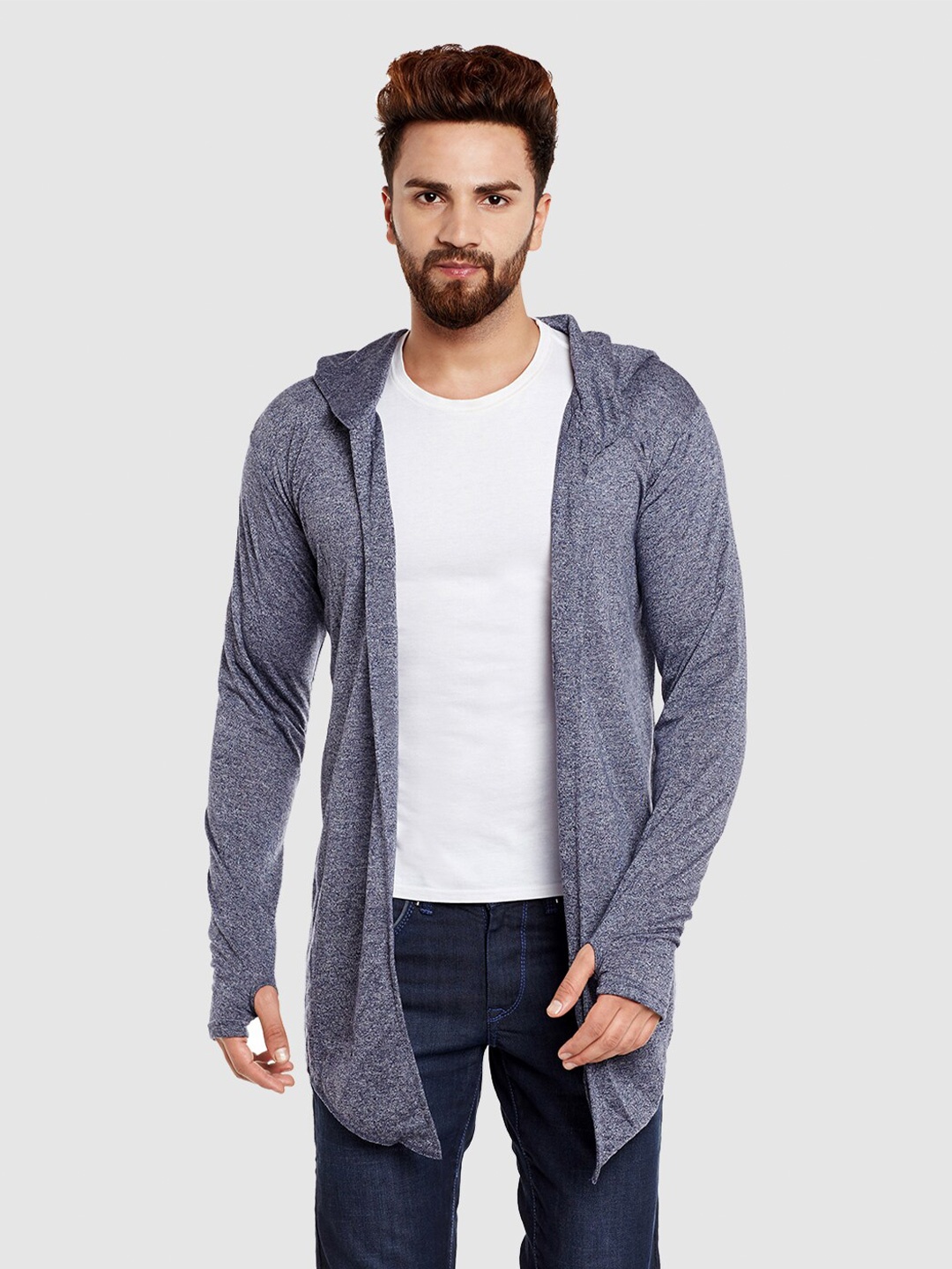 

CHILL WINSTON Men Cotton Hooded Longline Cardigan, Blue