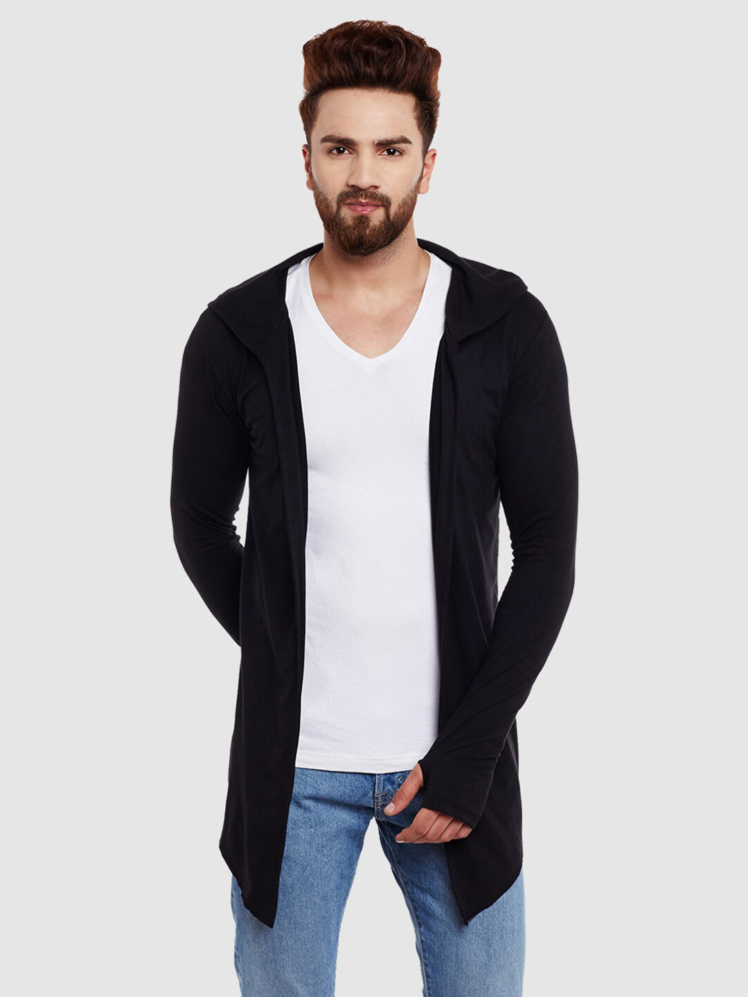 

CHILL WINSTON Men Cotton Hooded Longline Cardigan, Black