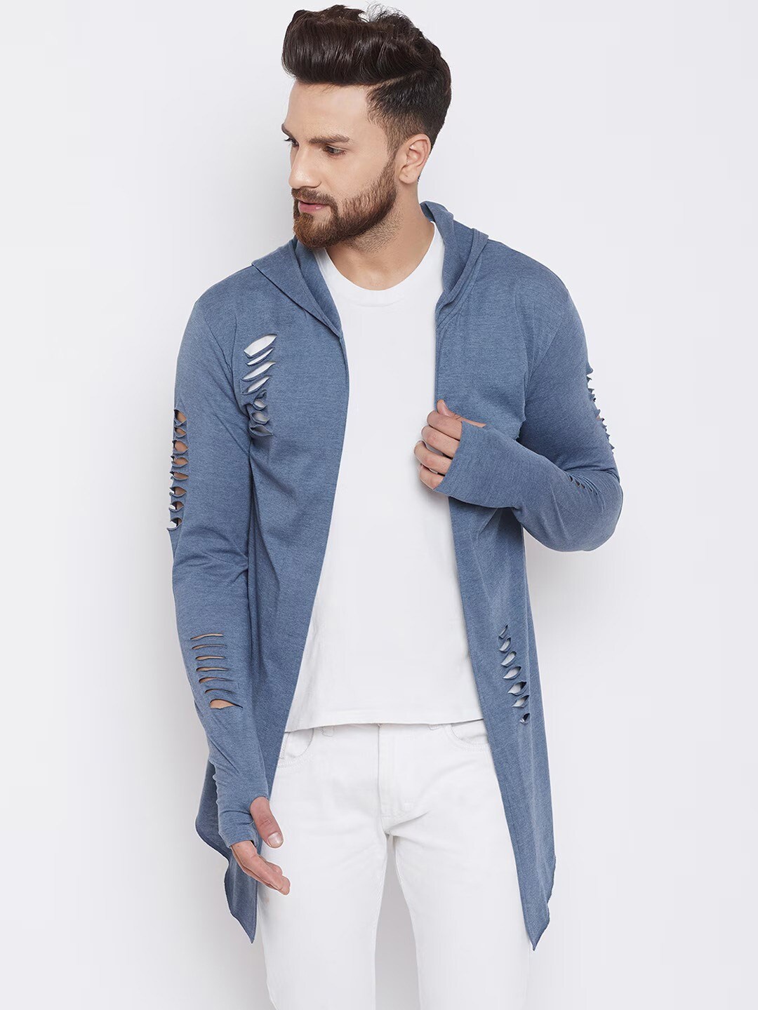 

CHILL WINSTON Men Cotton Hooded Longline Cardigan, Blue