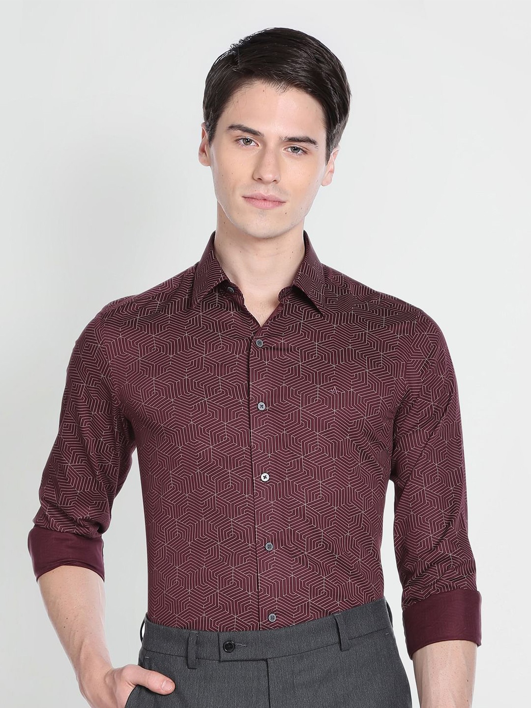 

Arrow New York Slim Fit Geometric Printed Twill Formal Cotton Shirt, Maroon