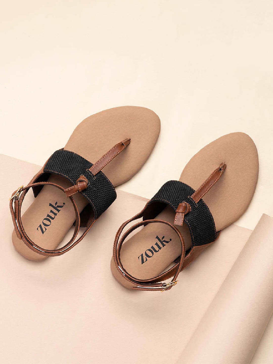 

ZOUK Textured T-Strap Flats, Black