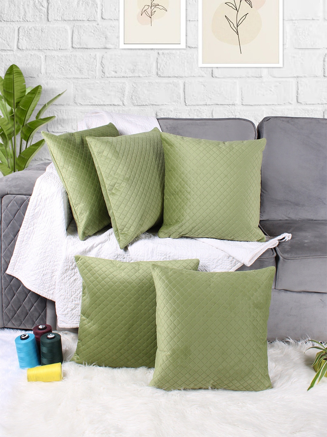 

STITCHNEST Green 5 Pieces Self Design Quilted Velvet Square Cushion Covers