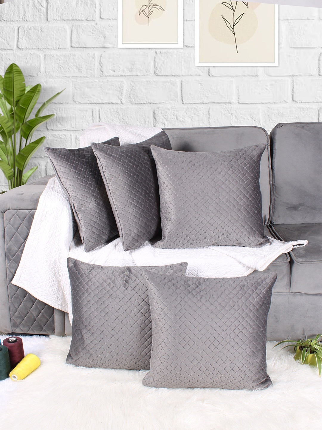 

STITCHNEST Grey 5 Pieces Self Design Quilted Velvet Square Cushion Covers
