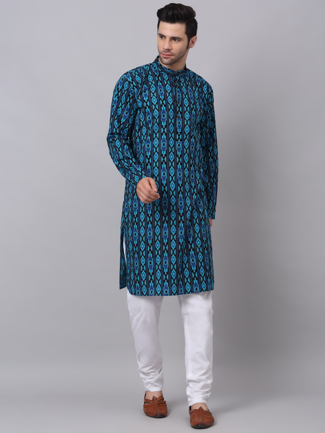 

NEUDIS Ethnic Motifs Printed Mandarin Collar Pure Cotton Kurta, Blue