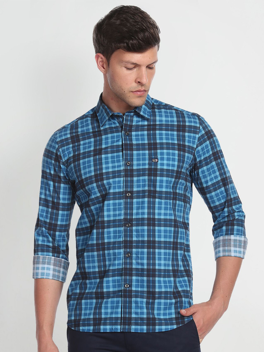 

Arrow Sport Patch Pocket Slim Fit Checked Casual Cotton Shirt, Turquoise blue