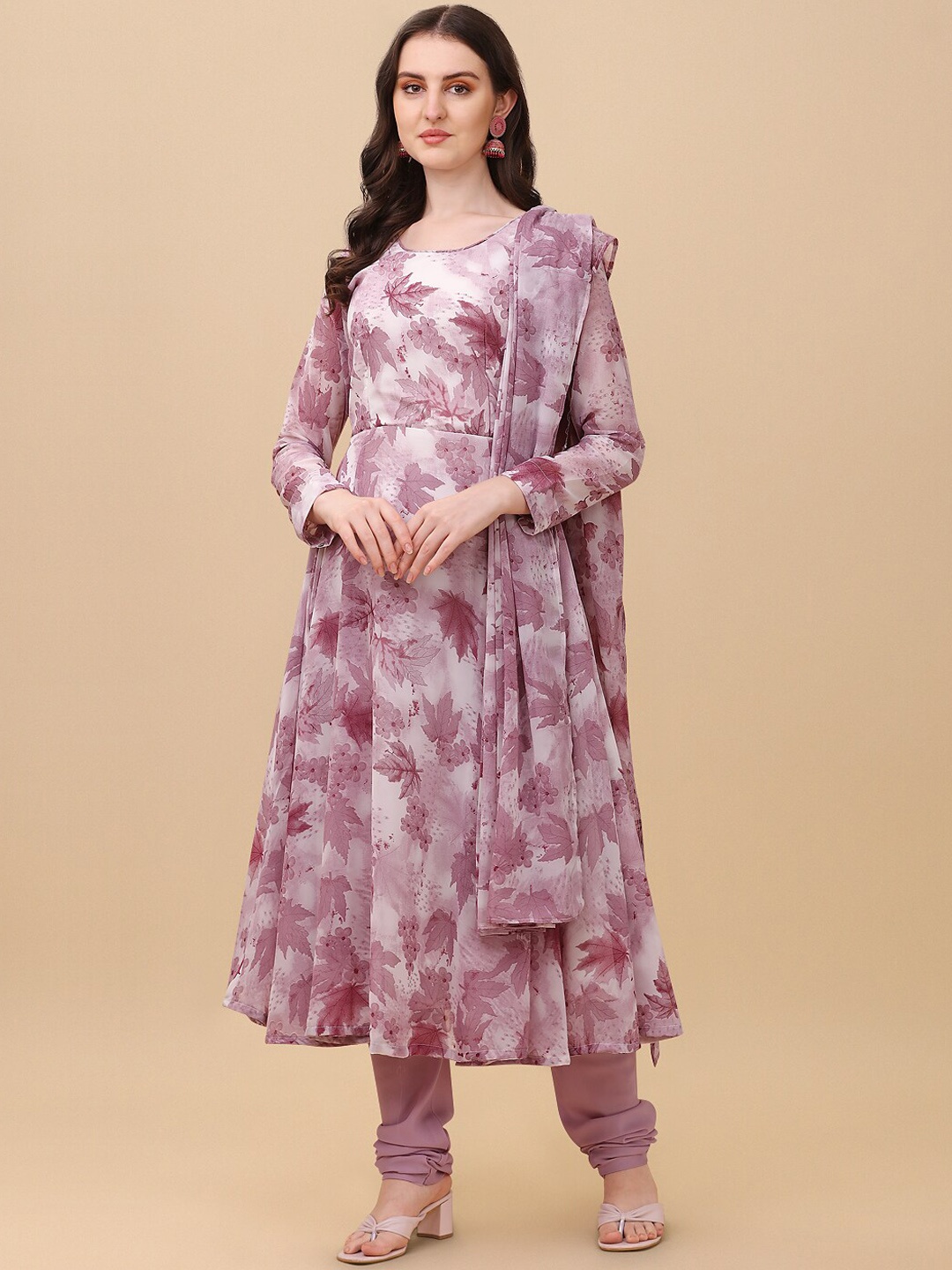 Virah Fashion Floral Printed Anarkali Kurta with Churidar & Dupatta, Mauve