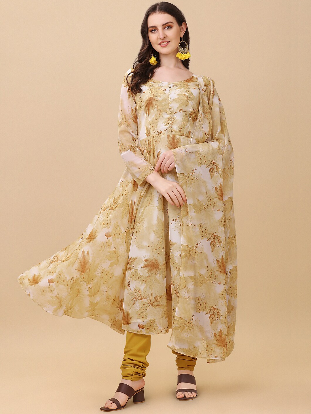 

Virah Fashion Floral Printed Anarkali Kurta with Churidar & Dupatta, Brown
