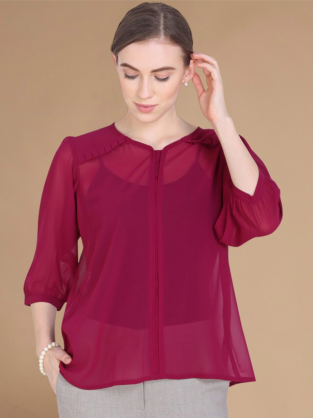 

KALINI V-Neck Puffed Sleeves Georgette Top, Maroon