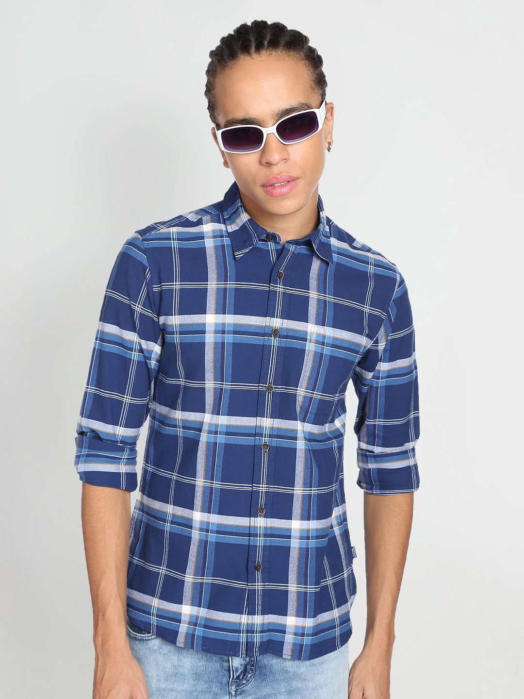 

Flying Machine Tartan Check Oxford Cotton Slim Fit Casual Shirt, Blue